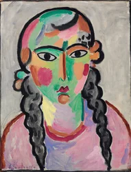 La fille pale aux tresses grises - A Pale Girl with Grey Pigtails, de Alexej von Jawlensky (Javlensky) (1864-1941). Óleo sobre papel, c. 1916. Dimensão : 63,5x49,5 cm. Coleção Particular