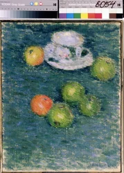 Ainda vida. Maçãs e uma xícara. (Natureza morta. Maçãs e uma xícara) Pintura de Alexei von Javlensky (Alexi von Jawlensky, Alexej von Javlenski) (1864-1941), óleo sobre tela, cerca de 1903. Arte russa, expressionismo do século XX. Galeria Estatal Tretyakov