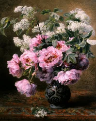 Natureza-morta de flores de verão com peónias e lilases. Pintura de Alexis Kreyder (1839-1912) Coleção particular.