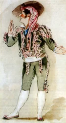 Carlo Zucchelli (1793-1879) baixo italiano, no papel de Fígaro na ópera "O barbeiro de Sevilha" de Gioacchino Rossini, aguarela