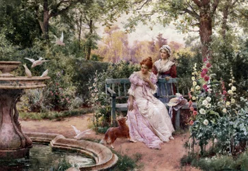 Os animais de estimação de Sua Senhora. Duas jovens num jardim de flores com um cão junto a uma fonte com pombas. Pintura de Alfred Augustus I Glendening (ac.1861-d.1903 britânico). Pré-rafaelismo (arte pré-rafaelita). Coleção particular