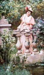 Momentos de lazer. Uma mulher elegante olha para um lago com uma balaustrada. Pintura de Alfred Augustus I Glendening (ac.1861-d.1903 britânico) Coleção privada