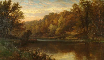 Lago Swanbourne, outono, Arundel Park, pôr do sol