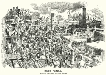 Soco cartoon: Congestionamento no rio Tamisa em Molesey Lock, Surrey (gravura)