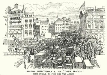 Soco cartoon: London Improvements. Um "Espaço Aberto" - congestionamento de trânsito em Londres vitoriana (gravação)