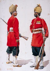 Soldados dos 102 Granadeiros Próprios do Rei Eduardo e do 101º Granadeiros, ilustração de &39;Exércitos da Índia&39; pelo Major GF MacMunn, publicado em 1911, 1908