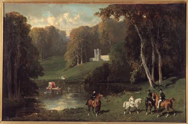 Cavaleiros e Amazonas às margens de um lago Pintura de Alfred de Dreux (1810-1860) Sol do século XIX. 0,43x0,65 m