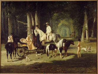 O Sr. e a Sra. A. Mosselman e as suas duas filhas andam a cavalo pela floresta. Pintura de Alfred de Dreux (1810-1860) 1848 Sol. 2x2,65 m Paris, museu do Petite Palais