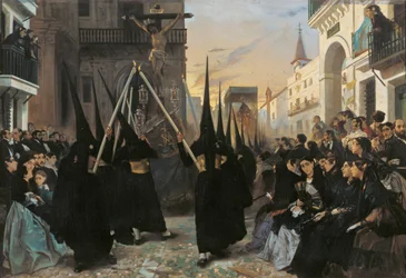 Uma procissão ao longo da Calle Genova - Dehodencq, Alfred (1822-1882) - 1851 - Óleo sobre tela - 112x162 - Museo Carmen Thyssen, Málaga