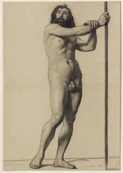 Estudo de figura acadêmica: nu masculino segurando uma equipe, 1844