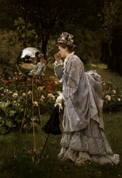 No Parque ca. 1875. Uma mulher com um vestido de alças (ou faux-cul ou faux cul) olha para o seu reflexo numa escultura com efeito de espelho. Pintura de Alfred Emile Leopold Stevens (1823-1906, belga) Coleção particular
