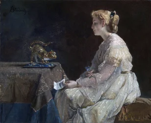 ""O presente"" Uma jovem descobrindo uma estatueta de gato - Pintura de Alfred Stevens (1823-1906) por volta de 1870 Galeria Nacional de Londres