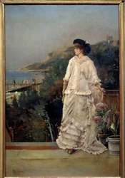 Retrato de uma Mulher num Terraço à beira-mar Pintura de Alfred Stevens (1823-1906) 1882 Sol. 1,1x0,66 m Paris, musee d