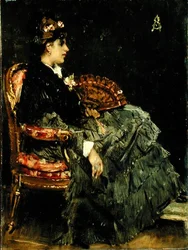 Senhora sentada com um ventilador (óleo no painel)