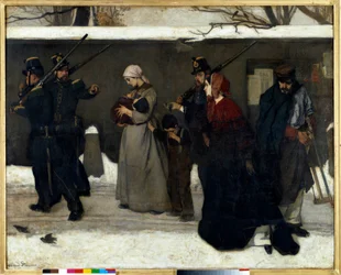 A chamada vadiagem, também intitulada «Os caçadores de Vincennes»: guardas nacionais detêm famílias na rua. Dimensões: 1,3 x 1,6 m. Paris, Museu de Orsay