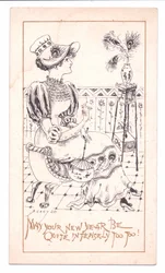 Cartão de Ano Novo vitoriano de um esteta a admirar um vaso de penas de pavão, c. 1881