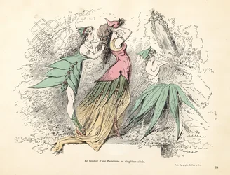 Caricatura de um quarto de dormir de mulher parisiense no século XX.