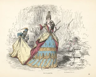 Traje de uma mulher nobre sob o rei Luís XIV de França.
