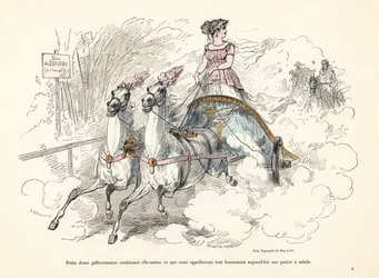Mulher galo-romana montando uma biga carruagem de dois cavalos no Bois de