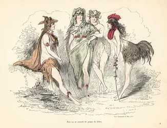 Mulher com trajes de peles, cabeças e penas de animais.