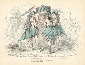 Mulheres vestidas apenas com vestidos de folhas de figueira e chapéus, segurando pa folhas
