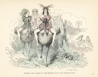 Mulheres com peles e penas de animais montando avestruzes e cisnes.