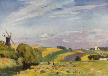 Dinamarca: Uma paisagem típica da Dinamarca, Jutlândia do Sul (cor litho)
