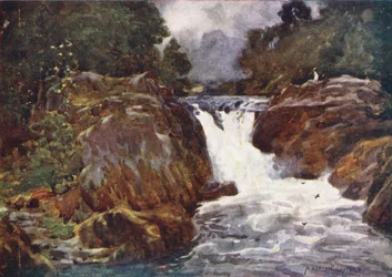 Região dos Lagos: Skelwith Force, Langdale (litografia a cores)