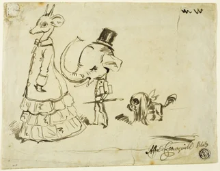 Caricatura de homem, mulher e cachorro