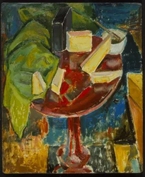 Tampo de mesa vermelho Still Life, c.1919 (recto de 372405) (óleo sobre placa gessoed)
