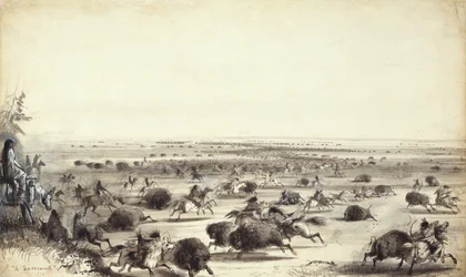Um “Surround” de Búfalo por índios, c.1858 (lavagem em papel)