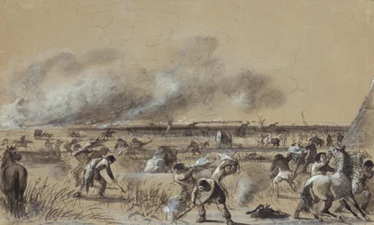 Fire on the Prairie, Setting Fire to the Camp, c.1837 (lavagem com destaques em papel)