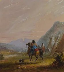 Mulheres indianas a cavalo nas proximidades de Cut Rocks