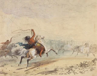 Lassoing Wild Horses, c.1837 (lápis, caneta, tinta, aguarela, e guache sobre papel)