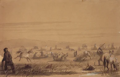 Reaching Camp, Removing the Saddles, c.1837 (lápis, caneta e tinta, lavagem, e guache sobre papel)