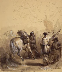 Sir W.D.S., Antoine e Auguste ou Preparing for a Buffalo Hunt, c.1837 (caneta e tinta, lavagem e guache sobre papel)
