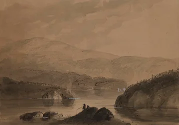 Vista de homens a pescar de uma rocha num lago