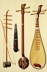 Um huqin e arco, um sheng, um sanxian e uma pipa, instrumentos chineses de «Instrumentos Musicais»