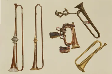 Trompete de cavalaria, corneta, trompete dourado de John Harris c.1730, trompete e trompete prateado de William Ball, c.1680, de &39;Musical Instruments&39; (litografia colorida)