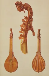 Cittern feita por Antonio Stradivarius (c.1644-1737) 1700, de &39;Instrumentos Musicais&39; (litografia colorida)