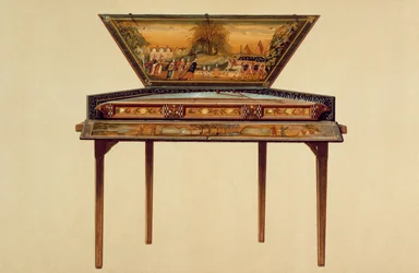 Dulcimer martelado em um soundbox pintado, século XVIII, de &39;instrumentos musicais&39; (litografia colorida)