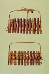 Marimba, vistas de frente e verso, sul-africano, de &39;Instrumentos musicais&39; (litografia colorida)