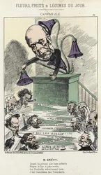 Bellflower: caricatura em Grévy - ill. du 26/06/1871 por Alfred Le Petit, em "Fleurs, Fruits et Vegetables du Jour" (Fleurs, Fruits et Vegetables du Jour)