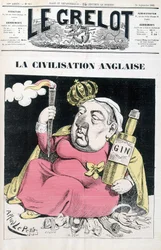 A civilização inglesa: Victoria, uma garrafa de gin na mão, sentada no Egipto, Irlanda, Índia, África e China - por Alfred Le Petitty, em "Le Grelot" de 24/09/1882