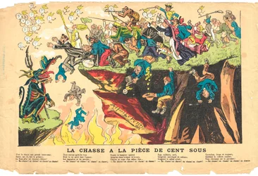 Folha voadora, Satirical in Colors, cerca de 1878: Caça a uma centena de sub peças - Prata - Diabo, Curas Ilustração de Alfred Le Pete (1841-1909)