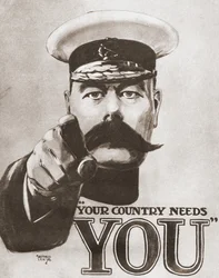 O cartaz britânico de recrutamento em tempo de guerra de 1914, representando Lord Kitchener com as palavras «O teu país precisa de ti». De A história de setenta anos memoráveis, publicado pela Odhams Press em 1937.