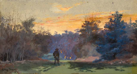 Caçador em paisagem ao pôr do sol