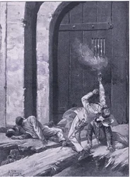 Deli: Tenente Salkeld, engenheiros de Bengala explodindo o Portão da Caxemira, ilustração das Batalhas Britânicas na Terra e no Mar, 1915