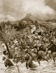 O rei Penda morto no campo de Winwaed, 655, ilustração de «Hutchinson