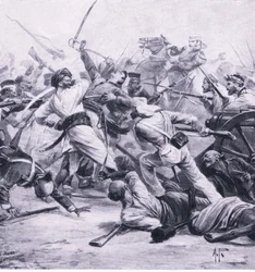 Nicholsons derrota dos rebeldes em Najafgarh, 2 de agosto de 1857, ilustração das Batalhas Britânicas na Terra e no Mar, 1915